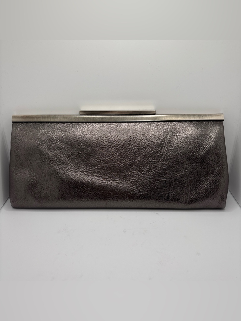 Tanner Italy Metallic Gunmetal Silver Leather Convertible Shoulder Clutch Bag
